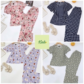 Đồ bộ tole lanh quần dài cổ tròn nơ vnxk