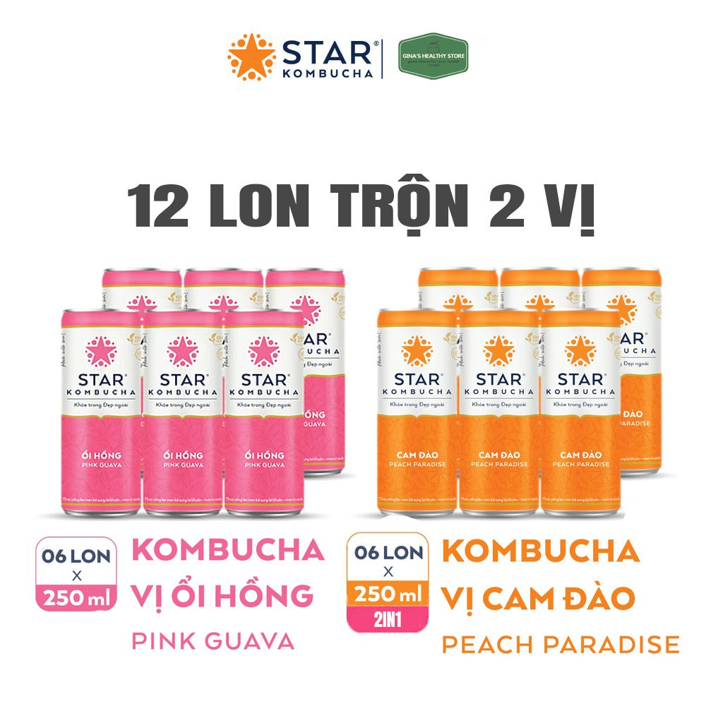 Thùng 12 lon trà Star Kombucha thức uống lên men tự nhiên Mix Ổi Hồng/Cam Đào 2in1 săn sale giá tốt