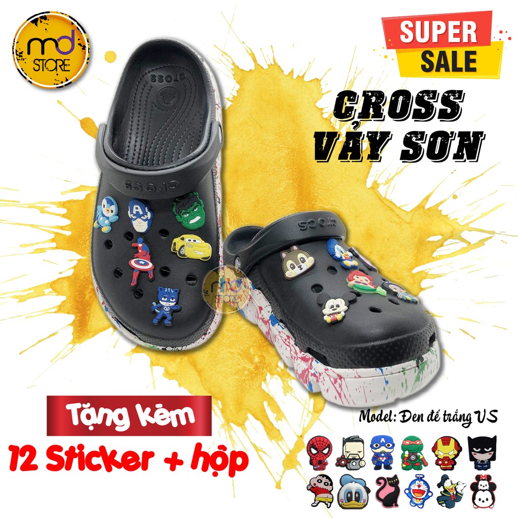 Dép Cross đen đế trắng vảy sơn lượn sóng, Dép Cross cá sấu bít đầu - Tặng kèm 12 Sticker, Jibitz +Hộp