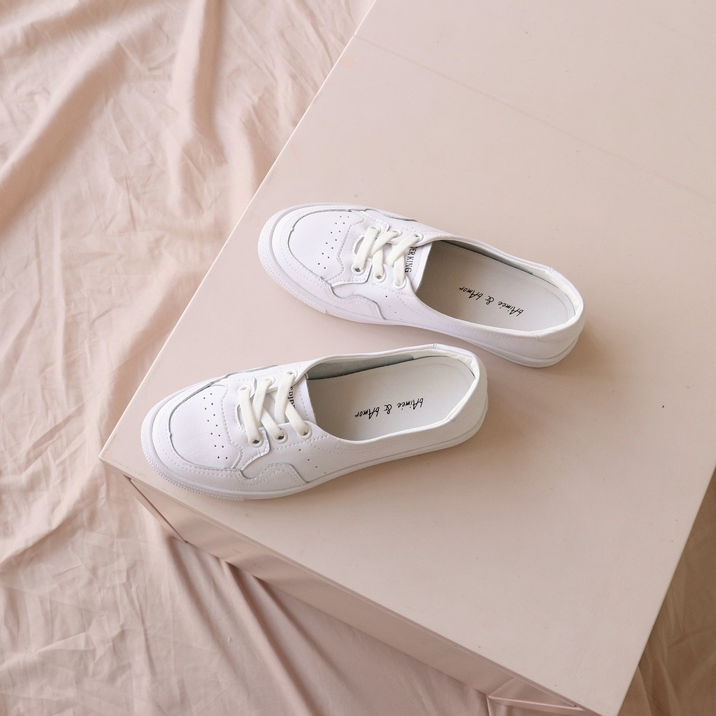 Giày Sneaker Nữ bAimée & bAmor Cổ Thấp Đế Bằng Da Thật Màu Trắng Thời Trang Hàn Quốc Đẹp Chính Hãng Cao Cấp MS0016