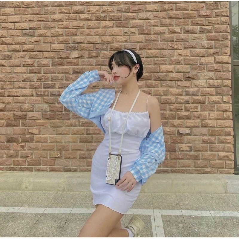 SET ĐẦM HAI DÂY KÈM KHOÁC CARO XANH
