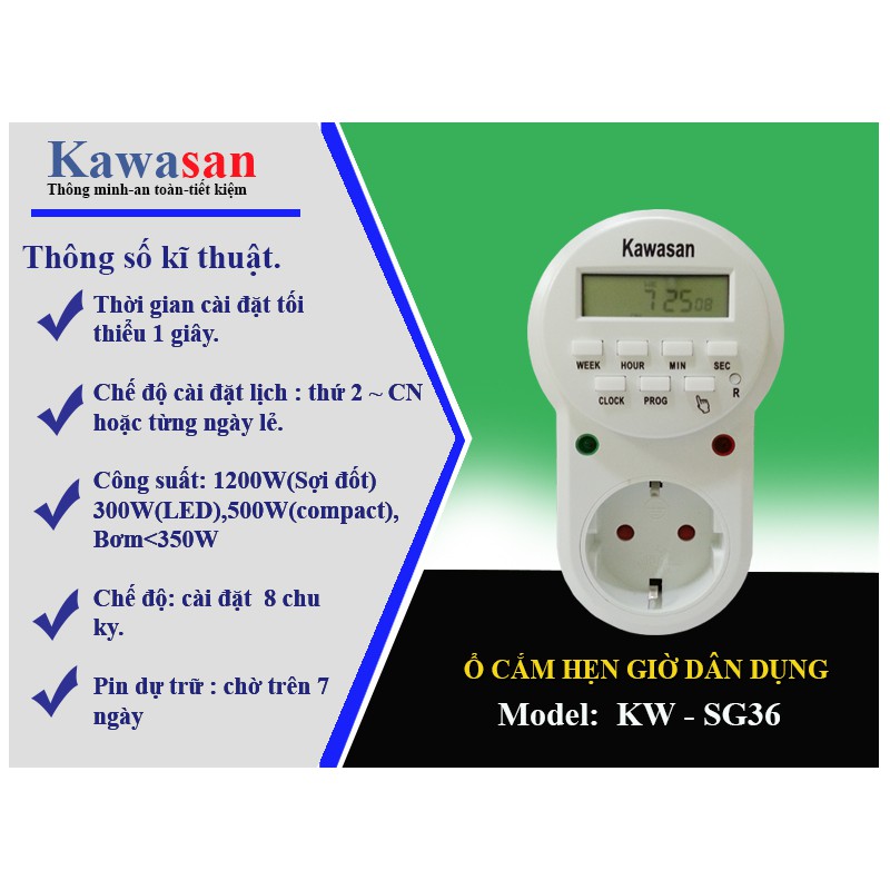 Công tắc hẹn giờ ổ cắm kỹ thuật số KAWA KW-SG36