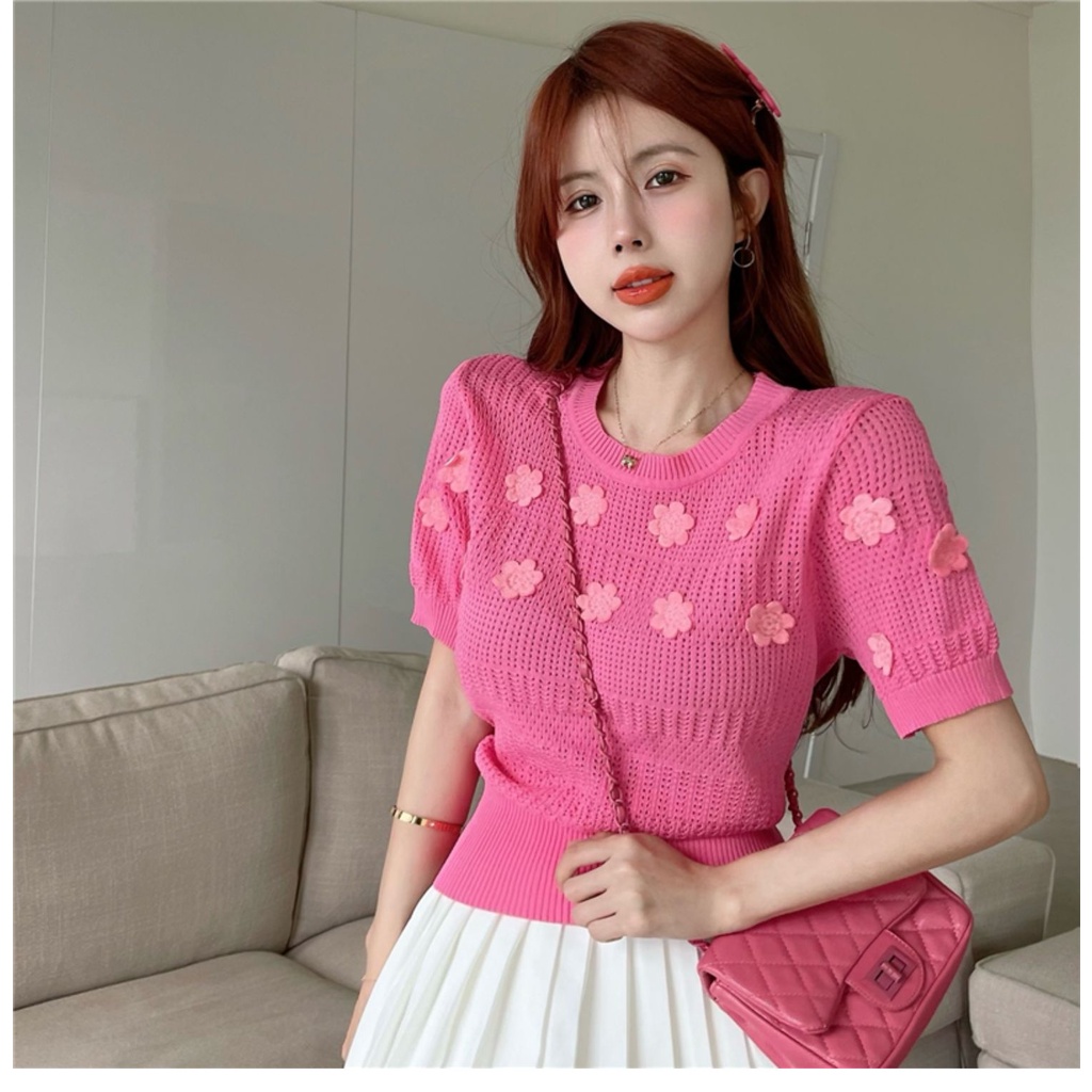 Áo thun ZHELIHANGFEI tay ngắn phồng họa tiết hoa dễ phối đồ thời trang cho nữ