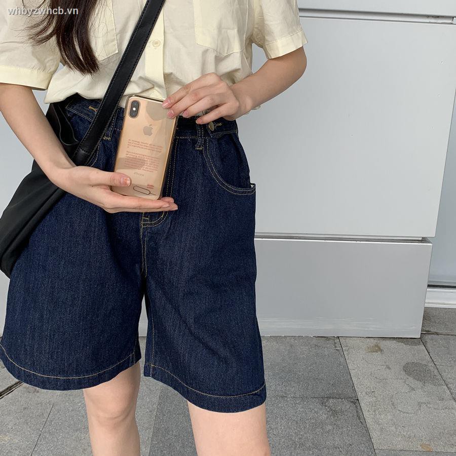 Quần short denim lưng cao ống rộng phong cách thời trang Hồng Kông 2021 cho nữ
