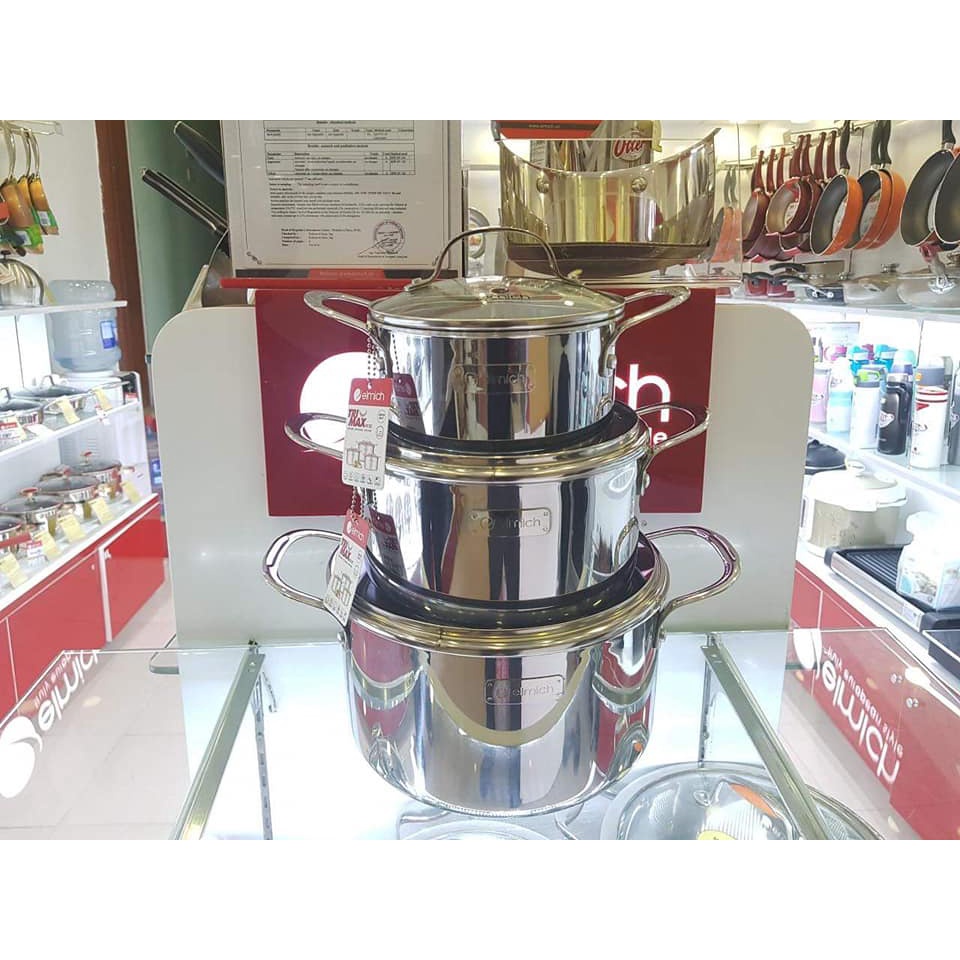 Bộ nồi inox elmich 3741 3 lớp đáy liền trimax cao cấp mã sản phẩm 2353741 kích thước 16cm, 20cm, 24cm