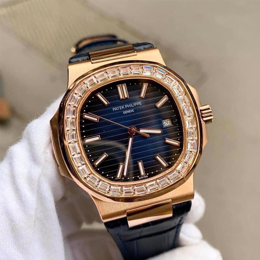 Đồng hồ Nam Pt vuông cơ Automatic size 40mm vành đá mặt xanh vỏ vàng gold và vàng hồng dây da