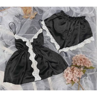 Bộ ngủ lụa satin phối ren