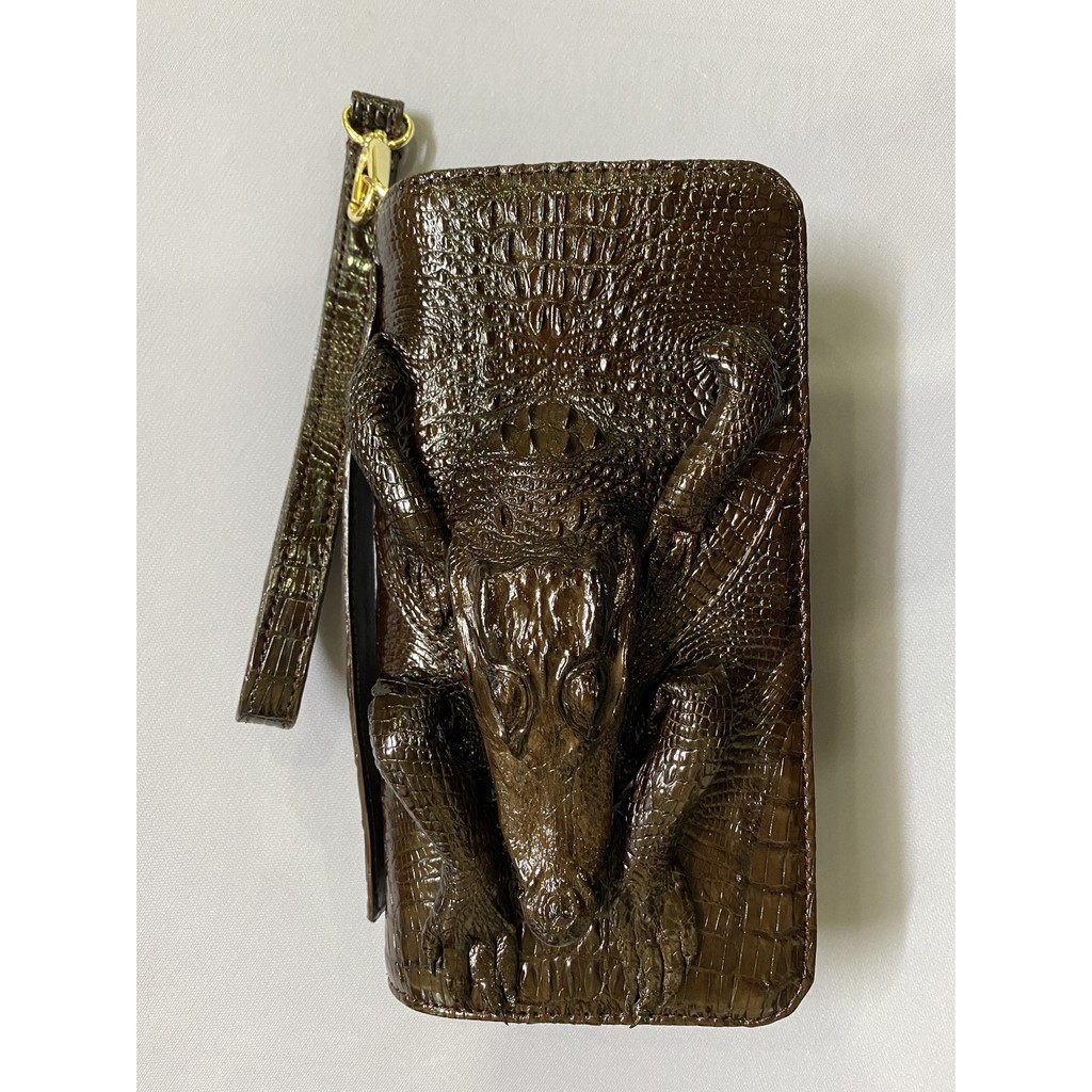 VÍ CẦM TAY NGUYÊN CON CÁ SẤU THẬT 100% 2 DÂY KÉO 22X12CM