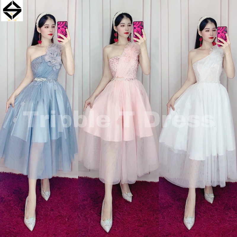 Đầm xoè dự tiệc lệch vai kết cườm và hoa nổi TRIPBLE T DRESS - size M/L - MS149V