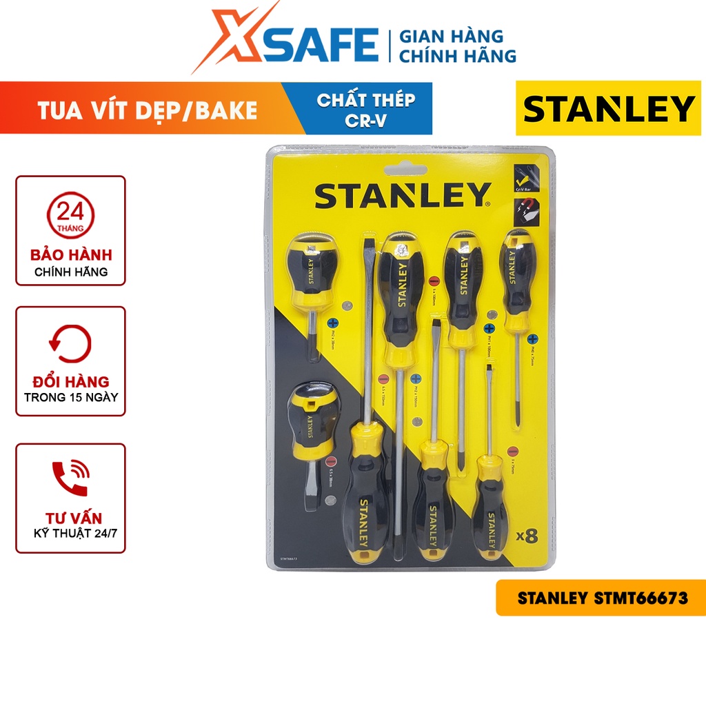 Bộ tua vít STANLEY STMT66673 8 chi tiết Bộ tuốc nơ vít Stanley 4 tua vít dẹp, 4 tua vít bake đa kích cỡ, thép CR-V