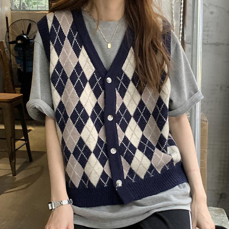 Áo Sweater Dệt Kim Cổ Chữ V Dáng Rộng Phong Cách Preppy Thời Trang Mùa Thu Hàng Mới Năm 2021
