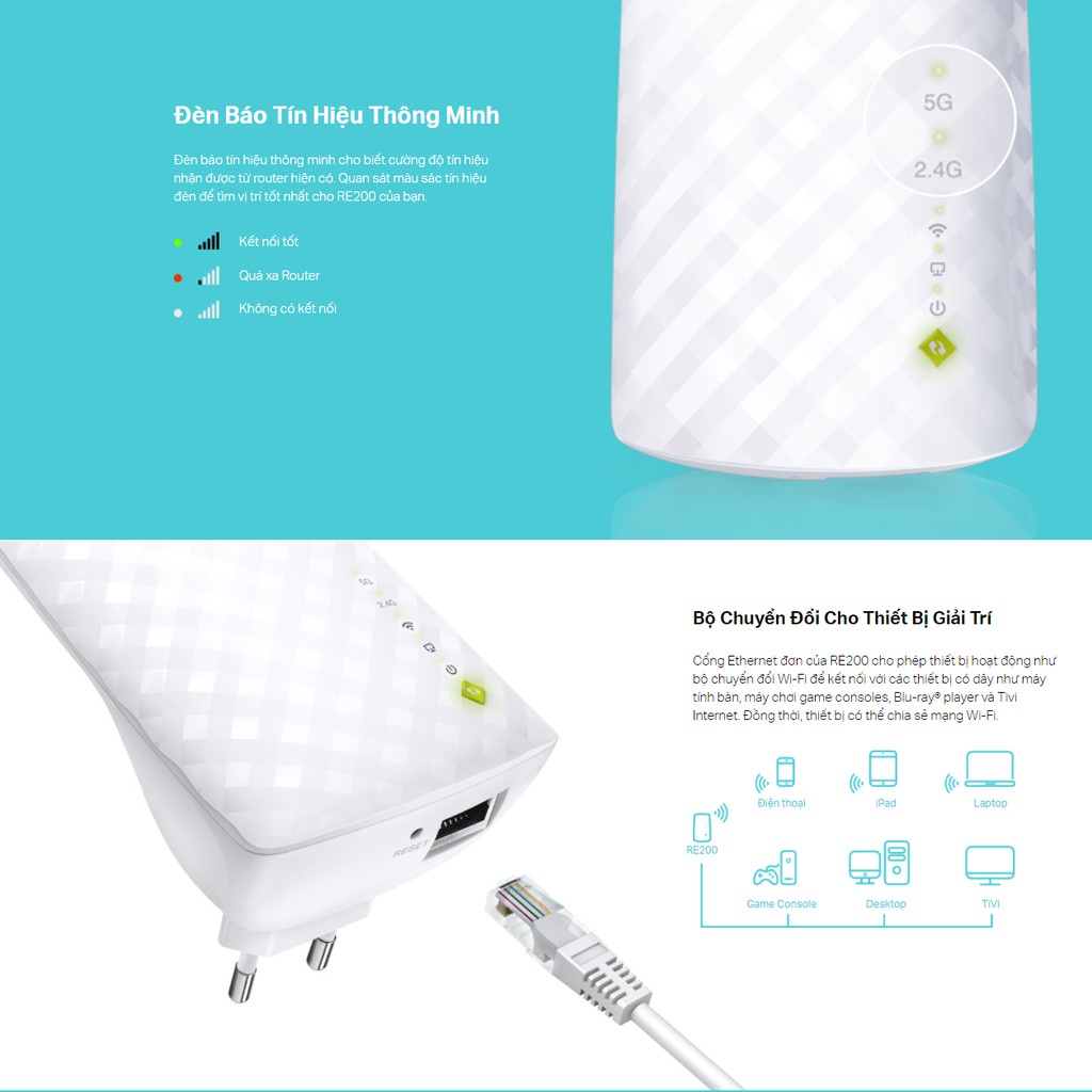 Bộ Mở Rộng Sóng Wifi TP-Link RE200 Chuẩn AC 750Mbps - Hàng Chính Hãng