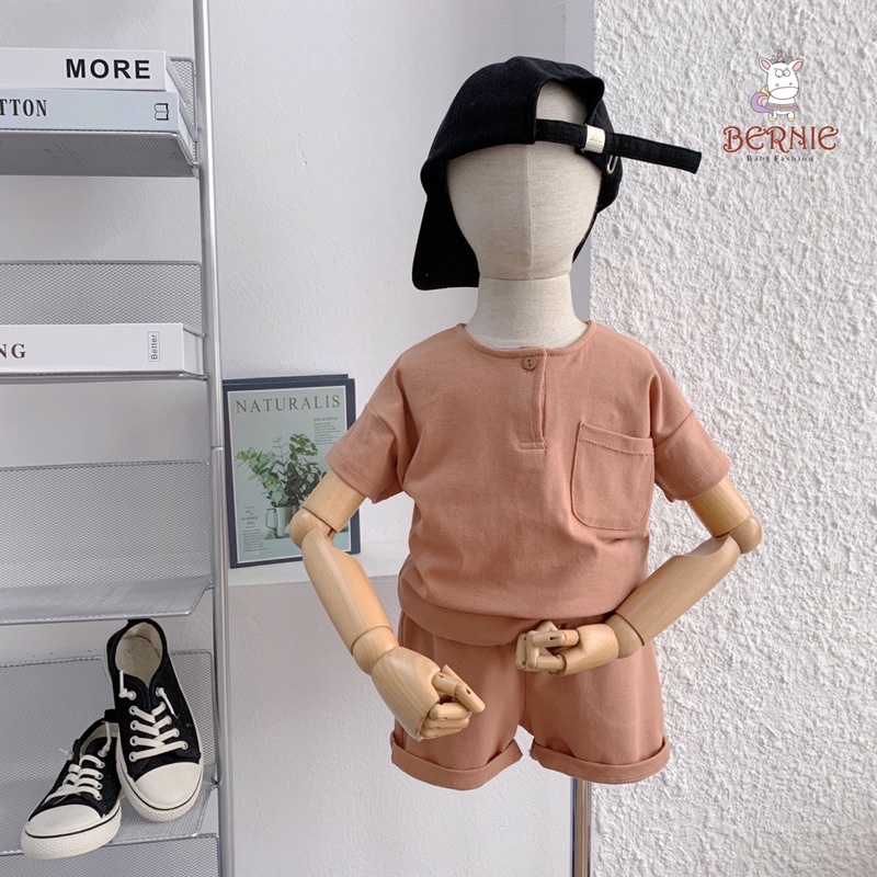 Bộ cộc tay cổ tàu màu trơn chất cotton cho bé trai, bé gái