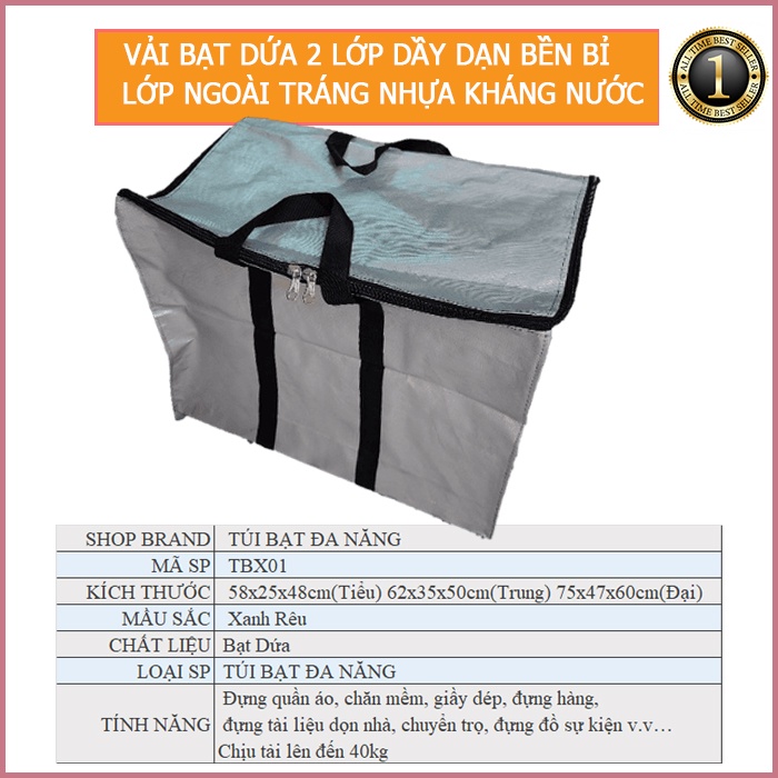 Túi bạt đa năng có 2 dây kéo xanh bạc Dành có shipper, đựng hàng buôn bán, quần áo, đựng đồ sự kiện...