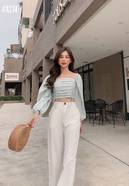 Áo crop xếp li tay dài (có ảnh thật)