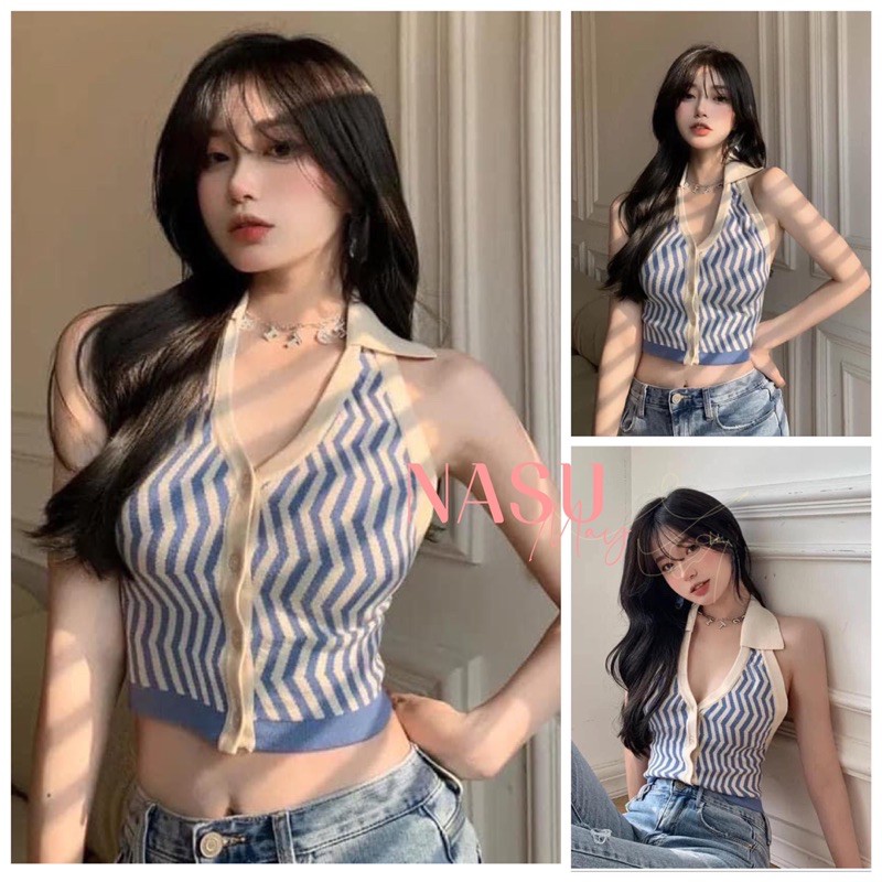 Áo Croptop Nữ Kẻ Sọc 3 Lỗ Cúc Cài Hở Lưng Siêu Xinh Áo crt Cổ Bẻ 2 Màu So Hot | BigBuy360 - bigbuy360.vn