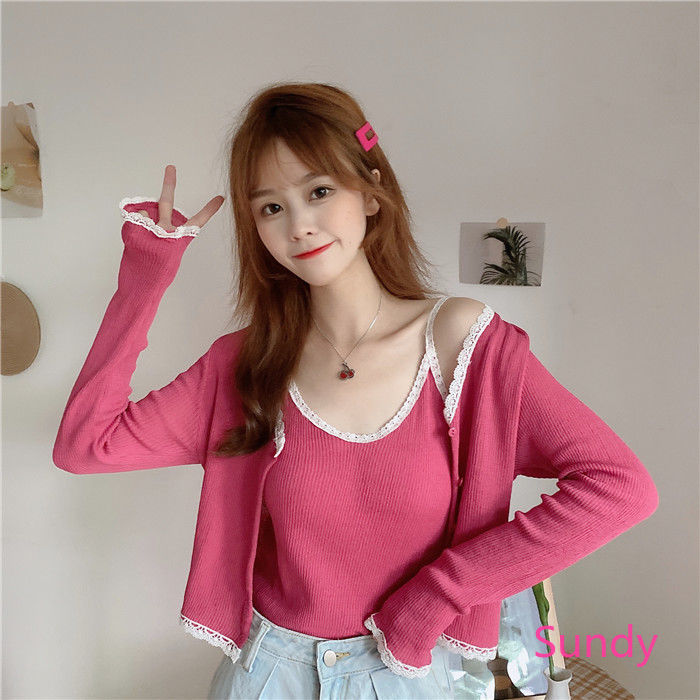 Bộ Áo Dây Dệt Kim Và Áo Khoác Cardigan Xinh Xắn Cho Nữ