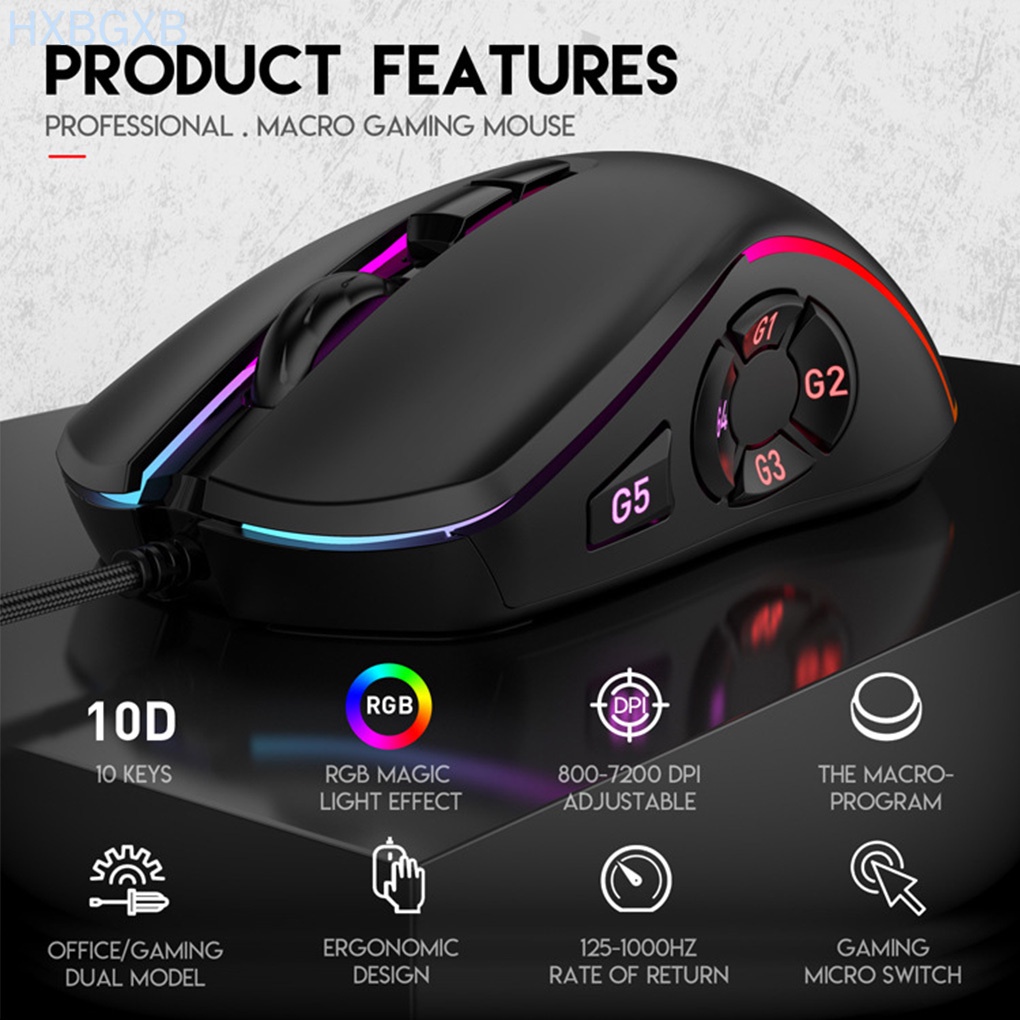 Game Mouse Wired 10 Buttons Gaming Mouse Adjustable RGB Computer Accessory with Colorful Light HXBG