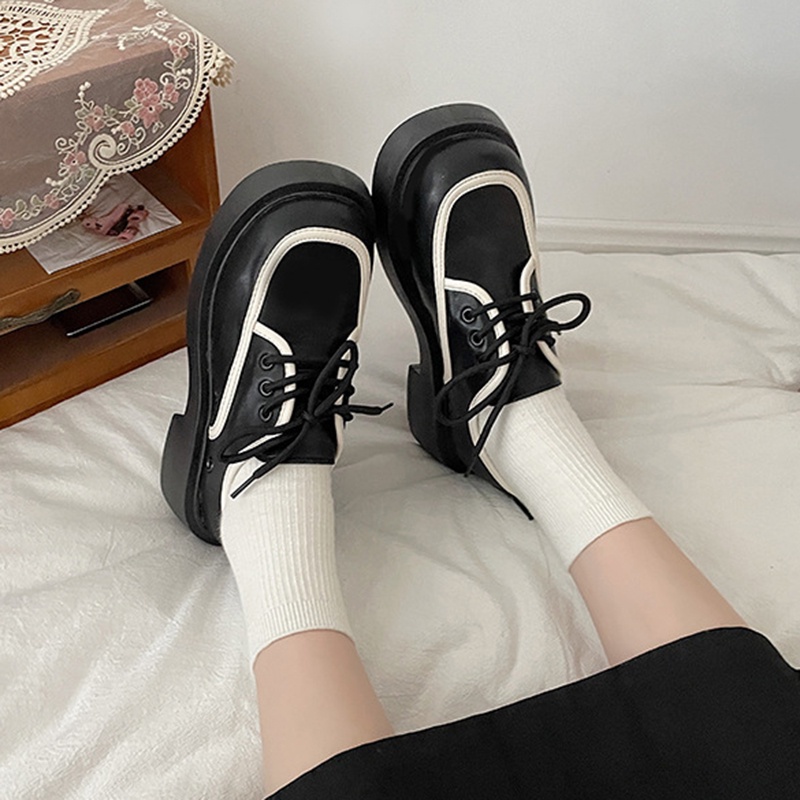 Giày Da Mũi Vuông Đế Dày Buộc Dây Kiểu retro Anh Dễ Thương Cho Nữ