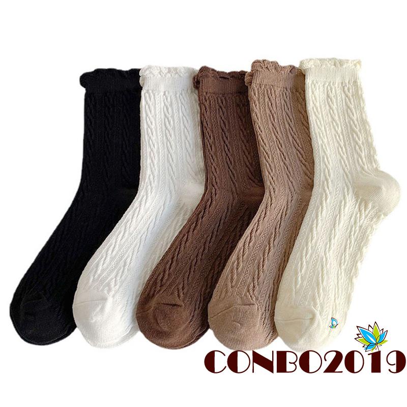 Đôi vớ cotton phối ren nhiều màu sắc trơn tùy chọn thời trang thu đông dành cho nữ
