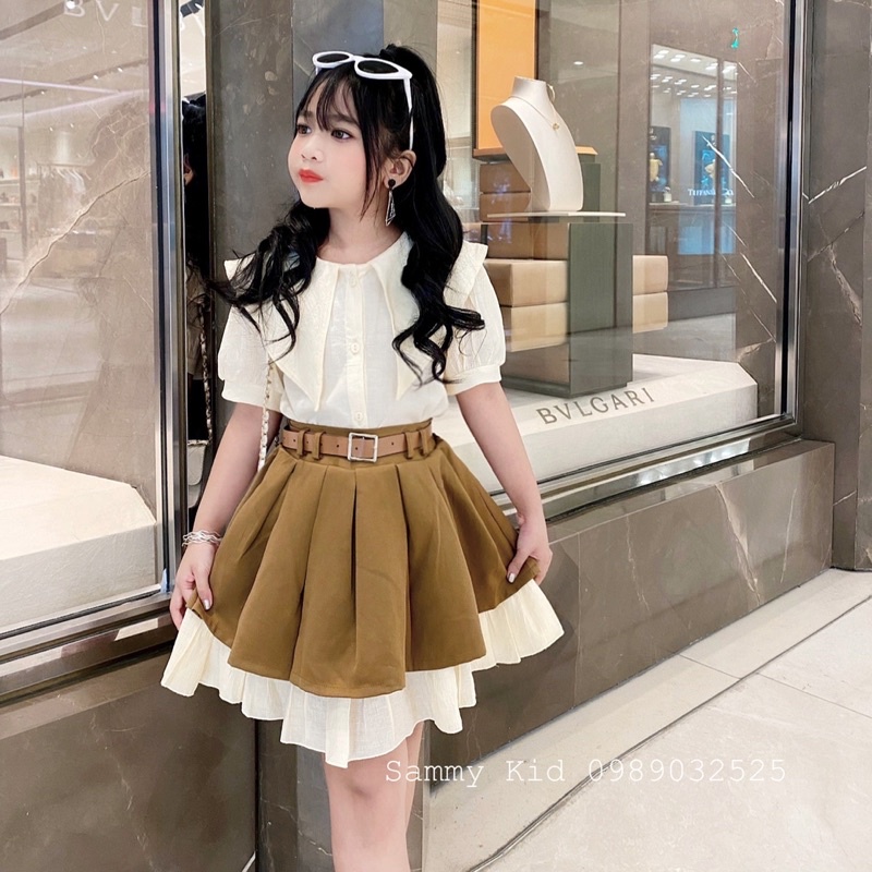 Set áo Tiểu thư Quần váy xoè tầng Kèm đai cho bé gái size đại 15-40kg nhẹ nhàng Sang chảnh