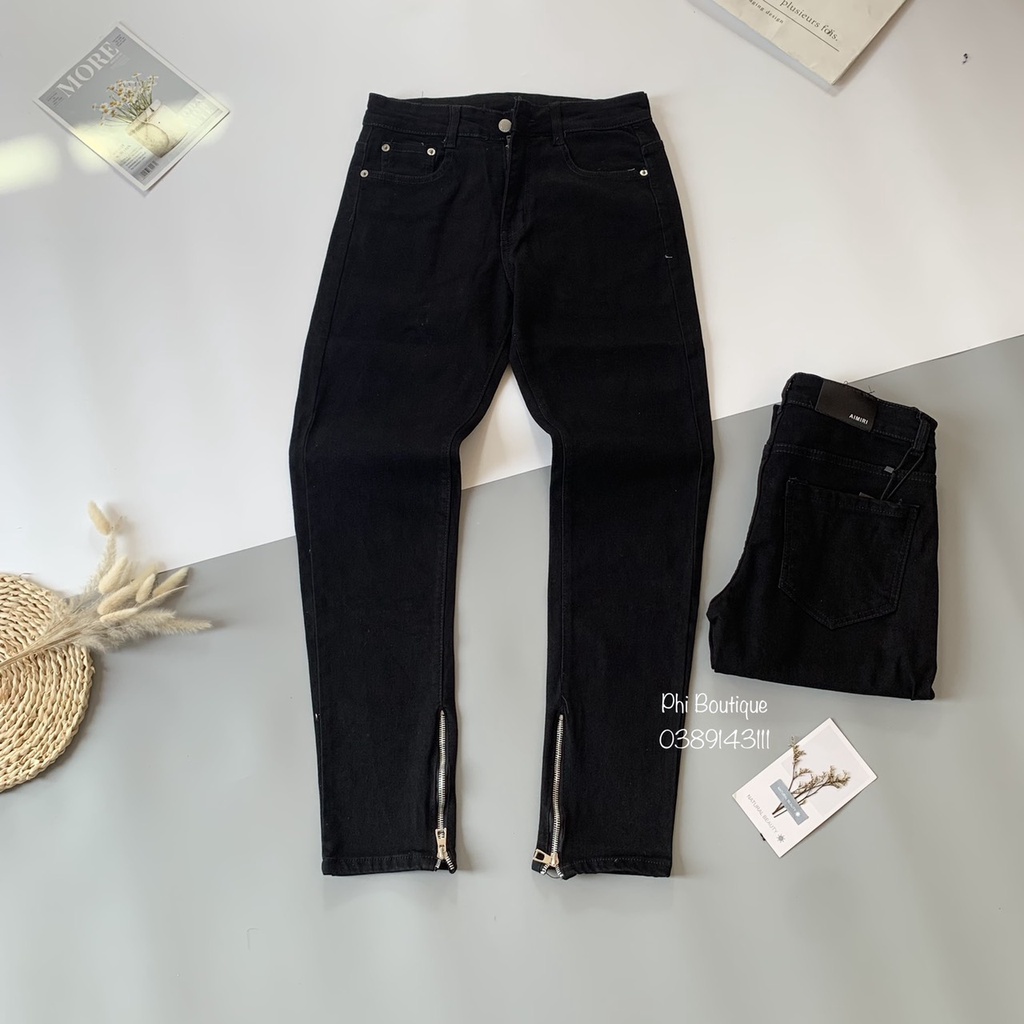 Quần Bò Đen Nam Trơn Phối Thêu Khoá Zip Ống