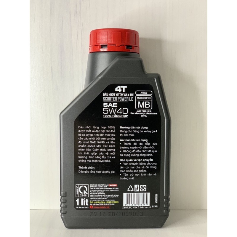 Nhớt Máy XE TAY GA Cao Cấp Motul Scooter Power LE 5W40 Tổng Hợp Toàn Phần API SN, JASO MB