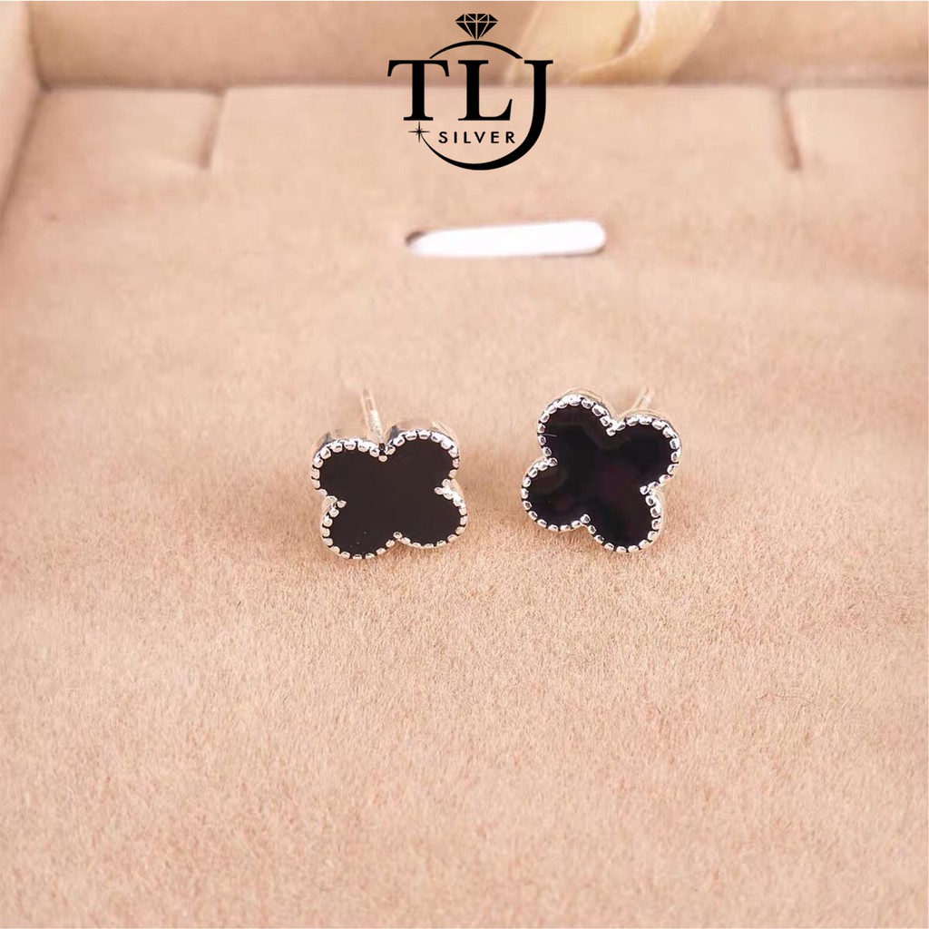 Khuyên tai bạc TLEE cỏ bốn lá đá đen cao cấp TleeJewelry B0195