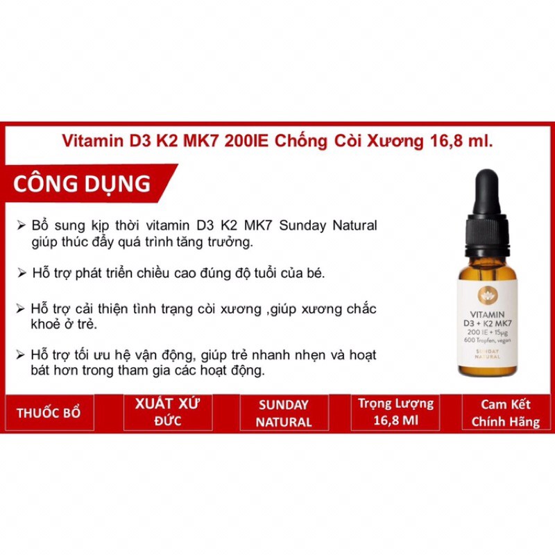 [CHUẨN AIR 100%] Vitamin D3K2 200IE MK7 Sunday Natural, chống còi xương tăng hấp thụ canxi vào xương &amp; răng cho bé, 20ml