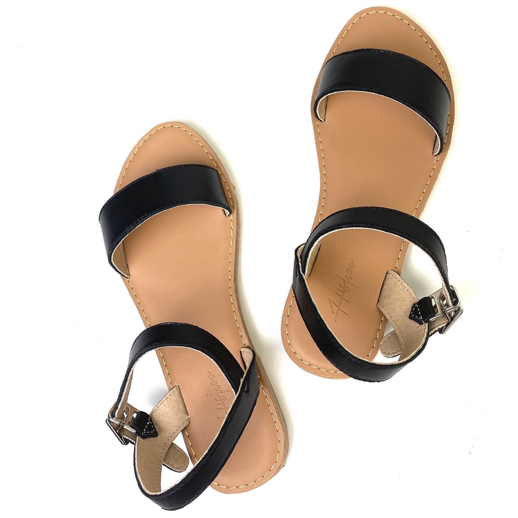 Sandal nữ đế bệt quai ngang da thật khóa gài thời trang chính hảng Hishoo S018