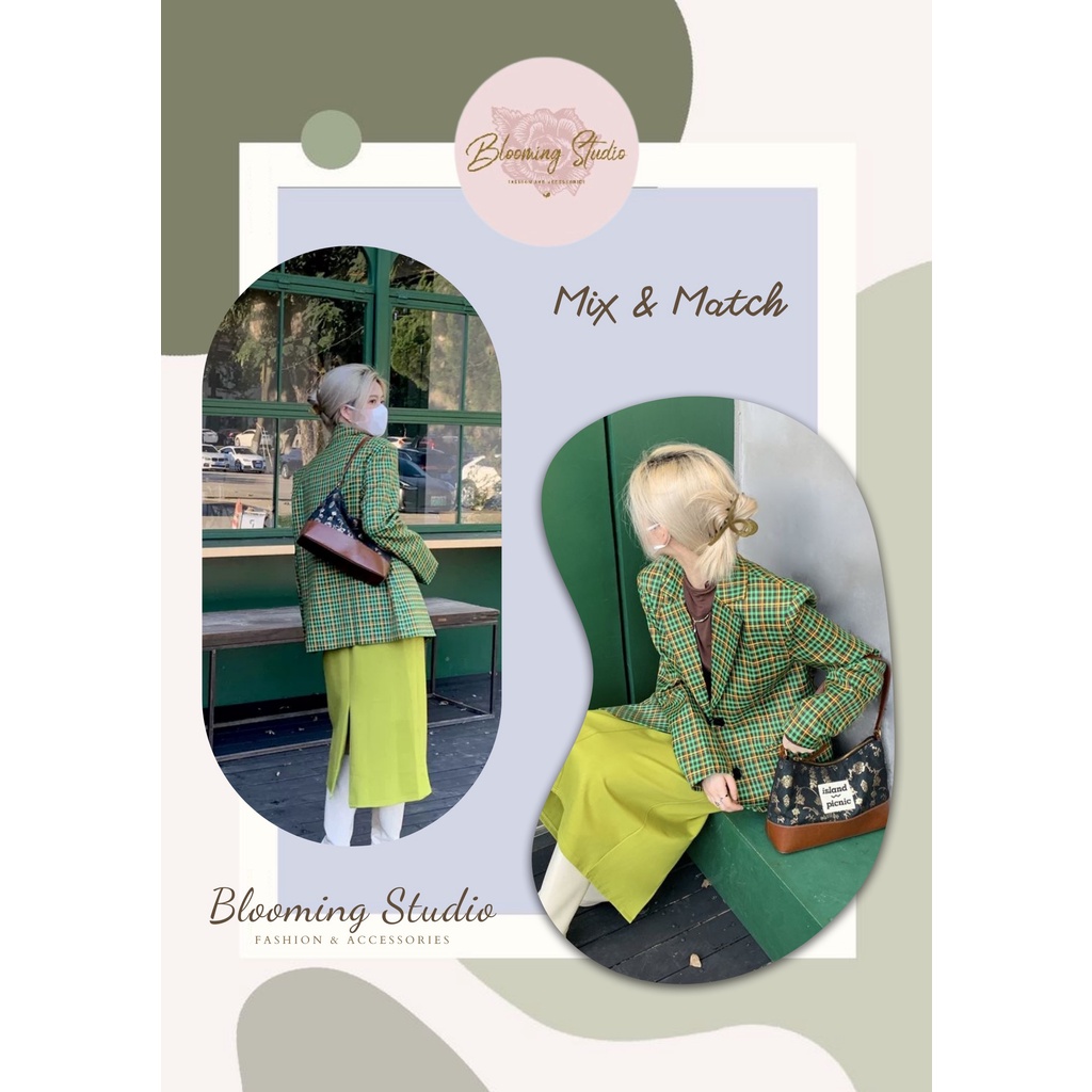 Set áo Blazer caro phối chân váy xanh lá xinh xắn, cá tính