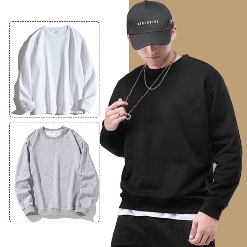 Áo Sweater Nỉ Trơn Trắng Nam Nữ Unisex, Form Rộng Chất Nỉ Bông Cao Cấp size 35-70kg.
