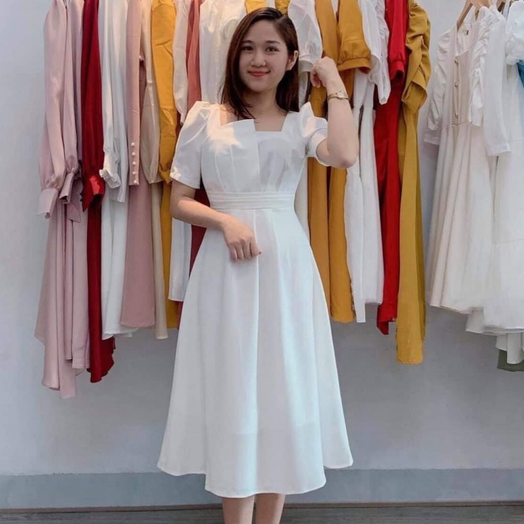 Váy Thiết Kế Dáng Suông Dài, Váy cô vuông lệch sang chảnh - H&N Store