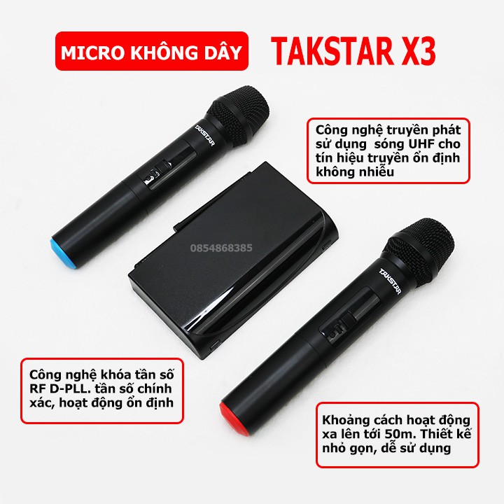 Micro karaoke không dây gia đình Takstar X3 | Giá rẻ, sóng UHF, công nghệ khóa pha tần số, khoảng cách sử dụng 50M