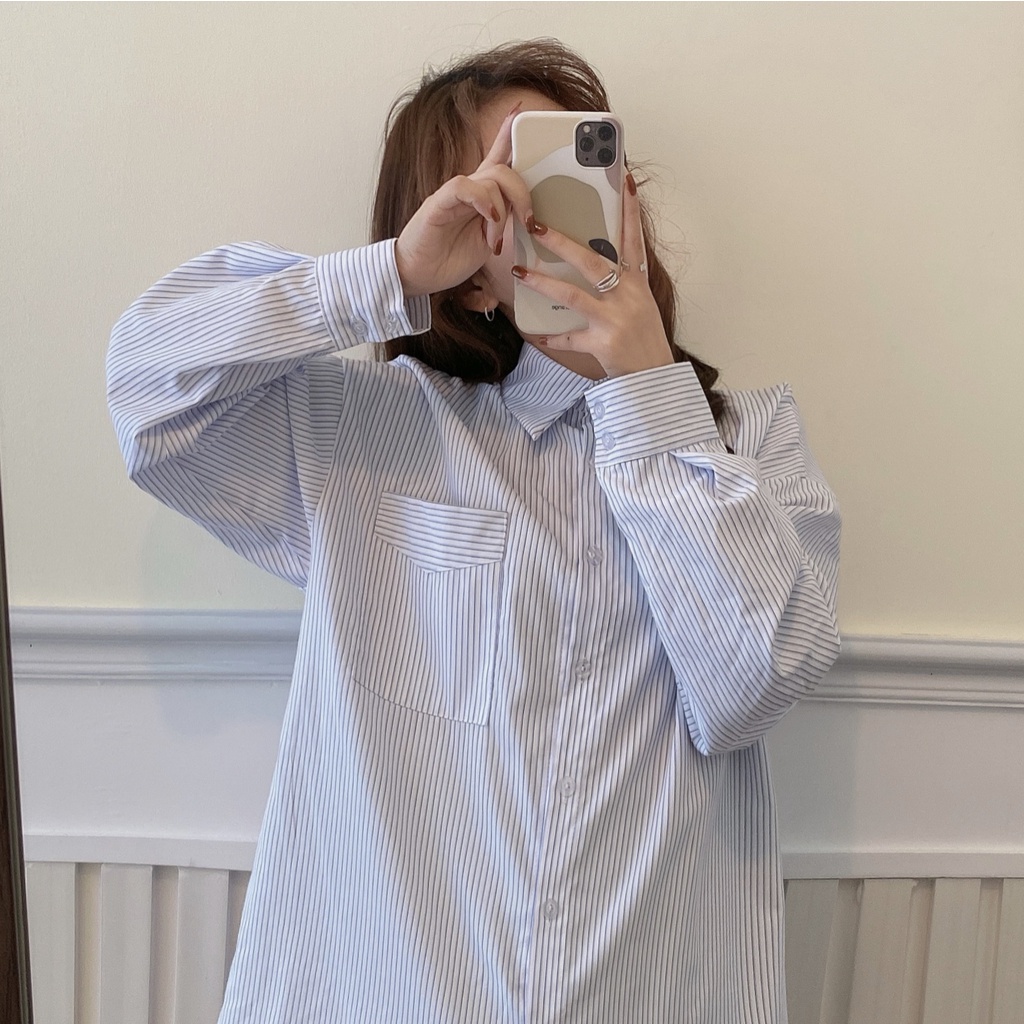 SUXI Áo Sơ Mi Nữ Tay Dài Kẻ Sọc Phong Cách Retro