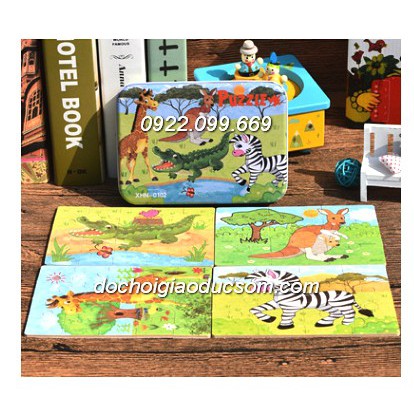 bộ 4 tranh Ghép Hình Puzzle Tổng Hợp - ĐỘNG VẬT HOANG DÃ (cá sấu, ngựa vằn...)