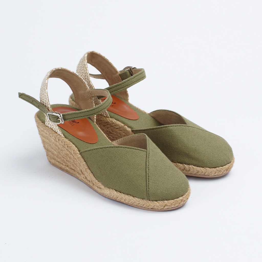 Giày cói Liliw cao gót nữ đế xuồng mũi tròn cao 6cm - Bantayan Màu Ô Liu