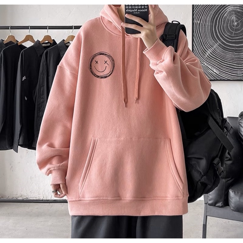 Áo Hoodie Nỉ Bông Tay Dài Unisex Hình In Logo Mặt Cười