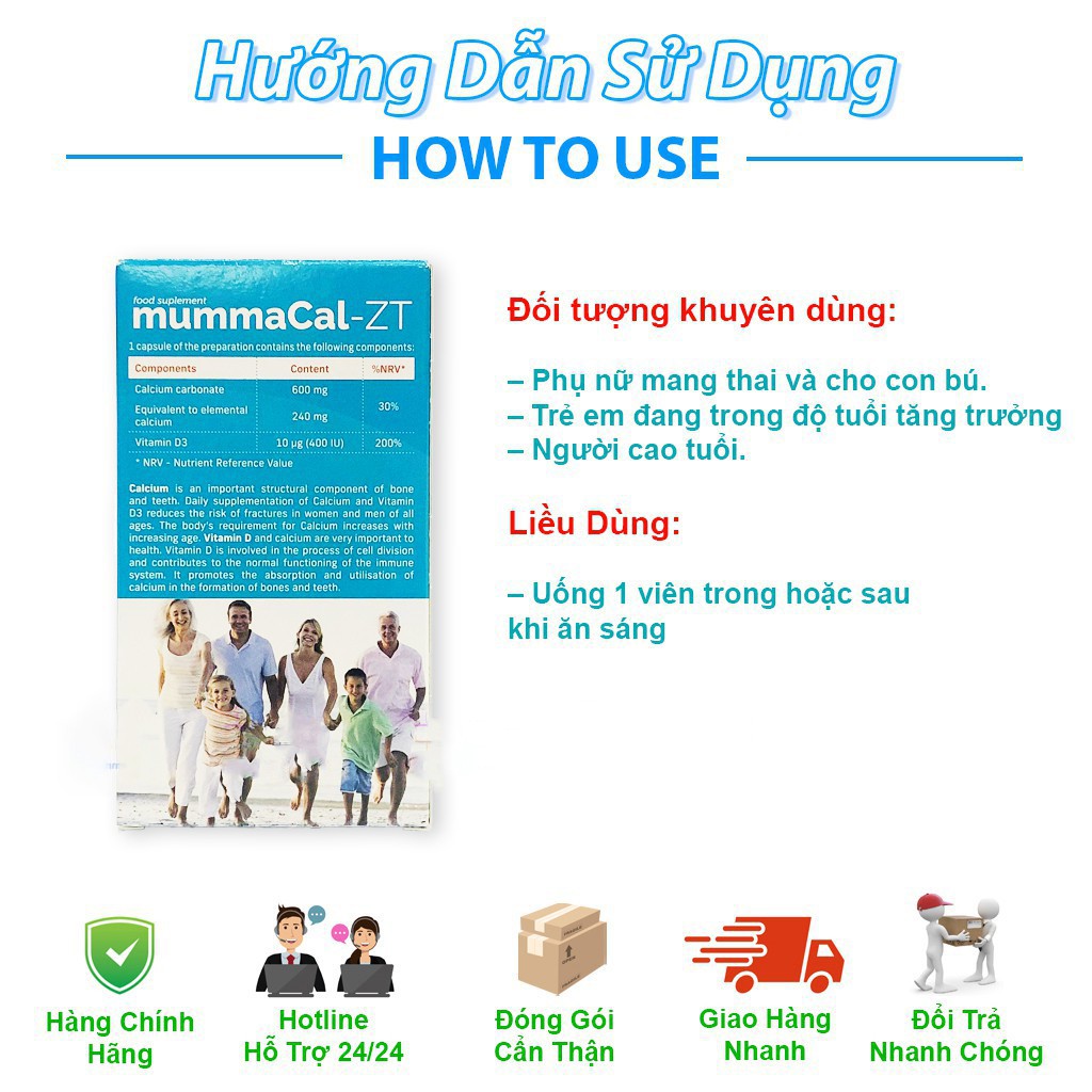 [CHÍNH HÃNG ] MummaCal-ZT - Bổ sung Canxi, Vitamin D3, tăng hấp thu Canxi, giúp xương chắc khỏe (Hộp 30 Viên)