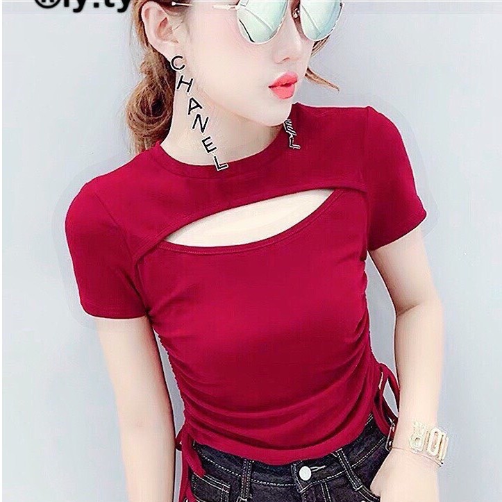 Áo kiểu croptop rút dây hai bên khoét ngực chất thun bozip cực xinh