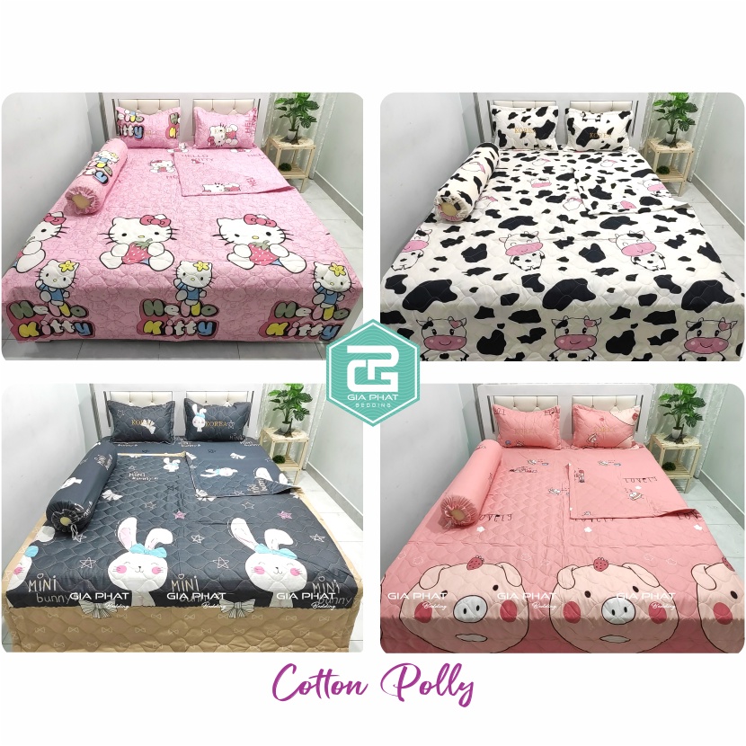 Bộ ga gối Cotton Poly 5 món Loại 1 ( 1 mền chần bông + 1 ga + 1 gối ôm + 2 áo gối thêu có khóa kéo)