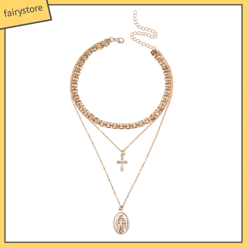 Dây chuyền đa lớp mặt hình chúa jesus và thánh giá thời trang