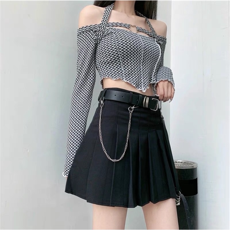 áo len dệt kim hoạ tiết caro kiểu trễ vai mix dây &amp; trái tim sexy (56305#)