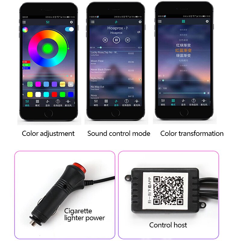 Đèn chiếu sáng bầu khí quyển trong xe APP Điều khiển âm thanh Chế độ RGB Trang trí tự động đầy màu sắc Đèn xung quanh