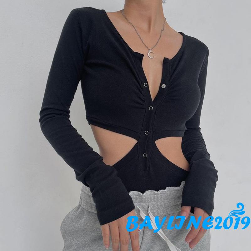 Áo Liền Quần Tam Giác Dài Tay Cổ Chữ V Màu Trơn Dáng Ôm Thời Trang Mùa Xuân Thu Dành Cho Nữ