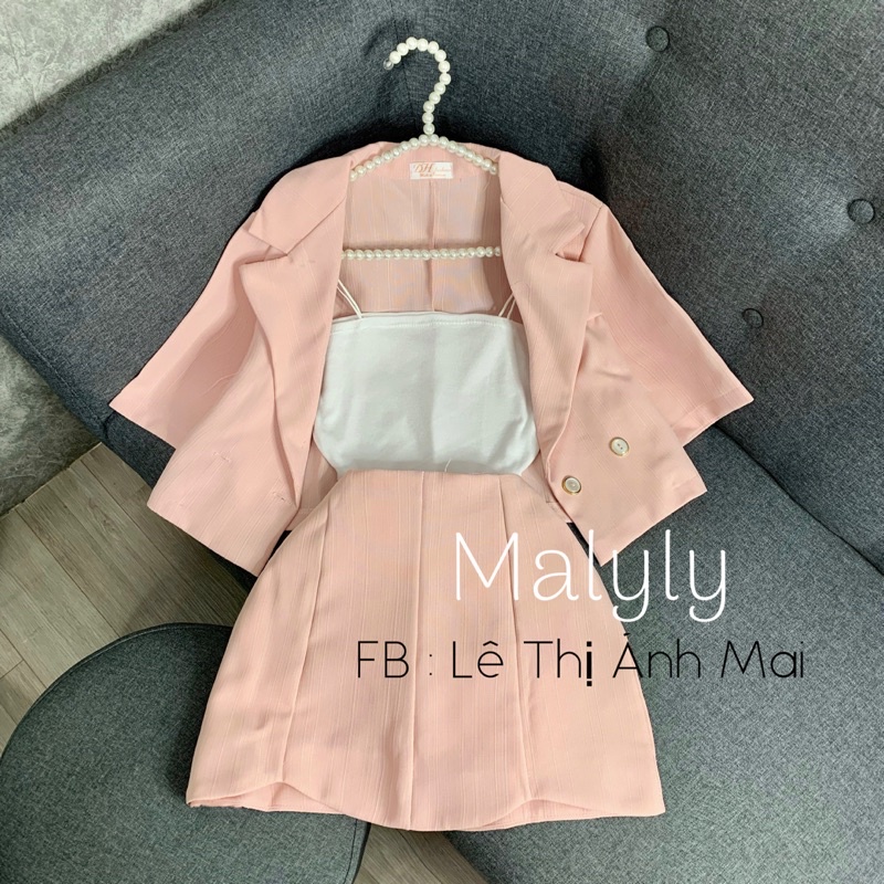 Set vest ba món tay ngắn chân váy gợn sóng