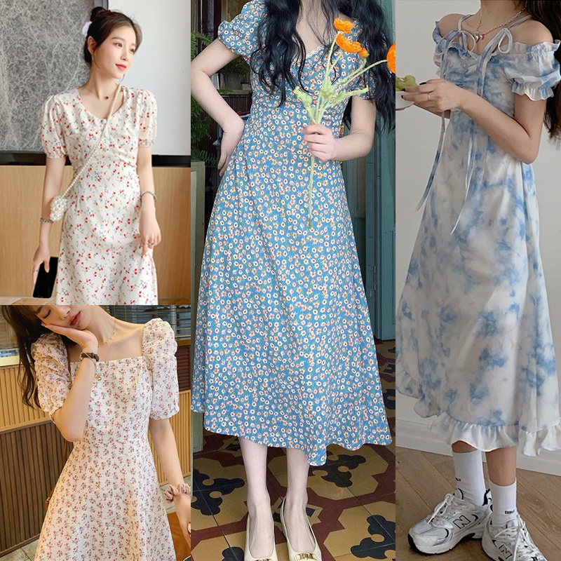 Váy Hoa Chun Eo Tay Phồng Dầm Hoa Nhí Vitage Đầm Dài Tay Ngắn Cổ Vuông In Họa Tiết Hoa Thời Trang Mùa Hè Xinh Xắn Cho Nữ