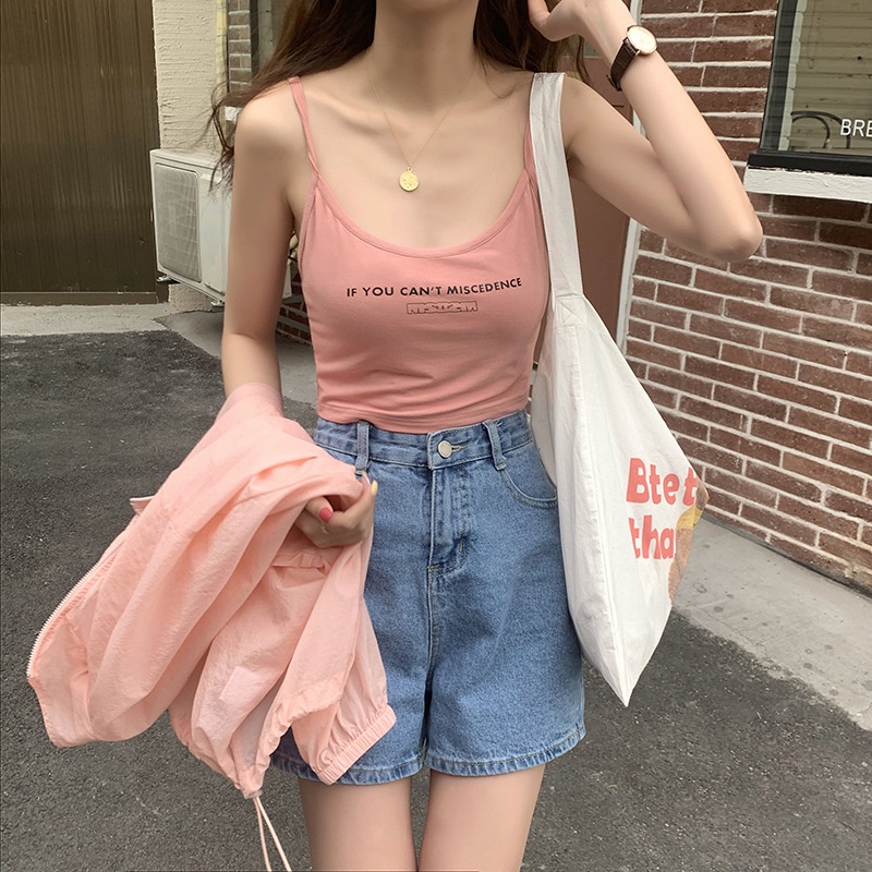 Áo dây Bản nhỏ Cổ chữ U In chữ Croptop Mùa Hè Đi biển Ulzzang Hàn Quốc Áo dây nữ Mặc trong Blazer Thời trang