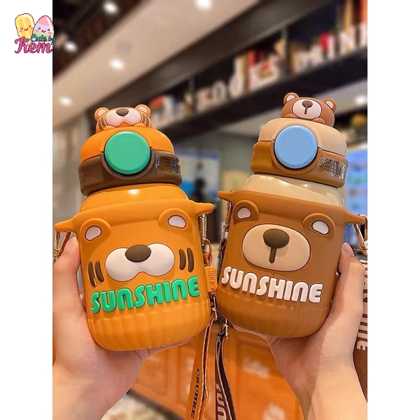 Bình nước giữ nhiệt bằng thép không gỉ hình hoat hình dễ thương cho bé kèm túi đựng bình có dây đeo