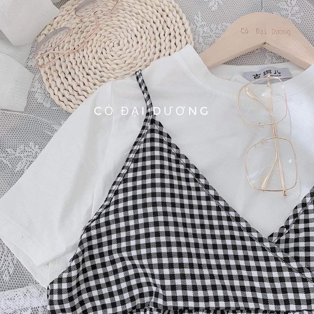 SET ÁO THUN MIX VÁY YẾM KẺ CARO - SET YẾM VÁY CARO 3 TẦNG CỔ V - VÁY YẾM MAXI 2 DÂY KẺ ĐEN TRẮNG